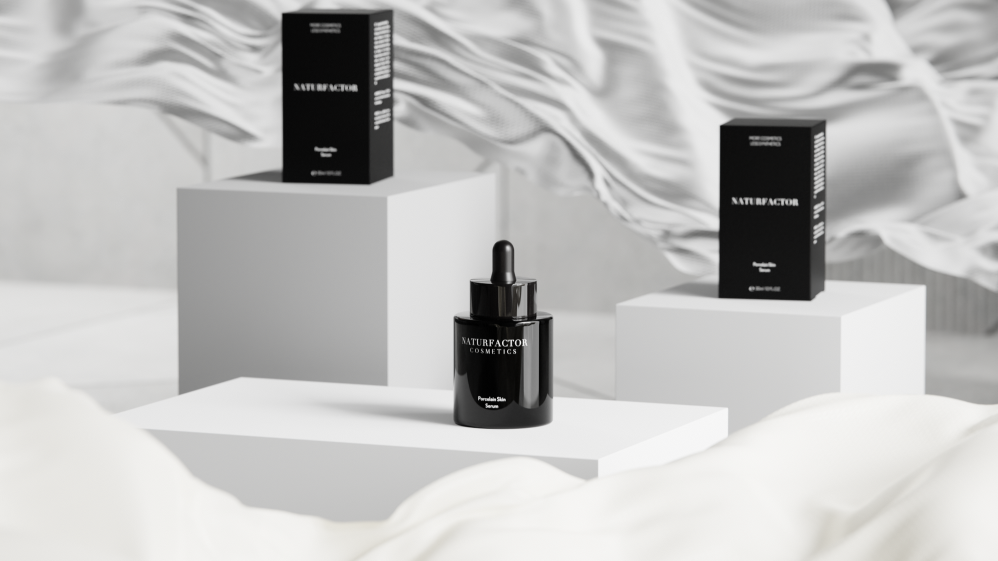 Showcase Porcelain Skin Serum Products on white background podests