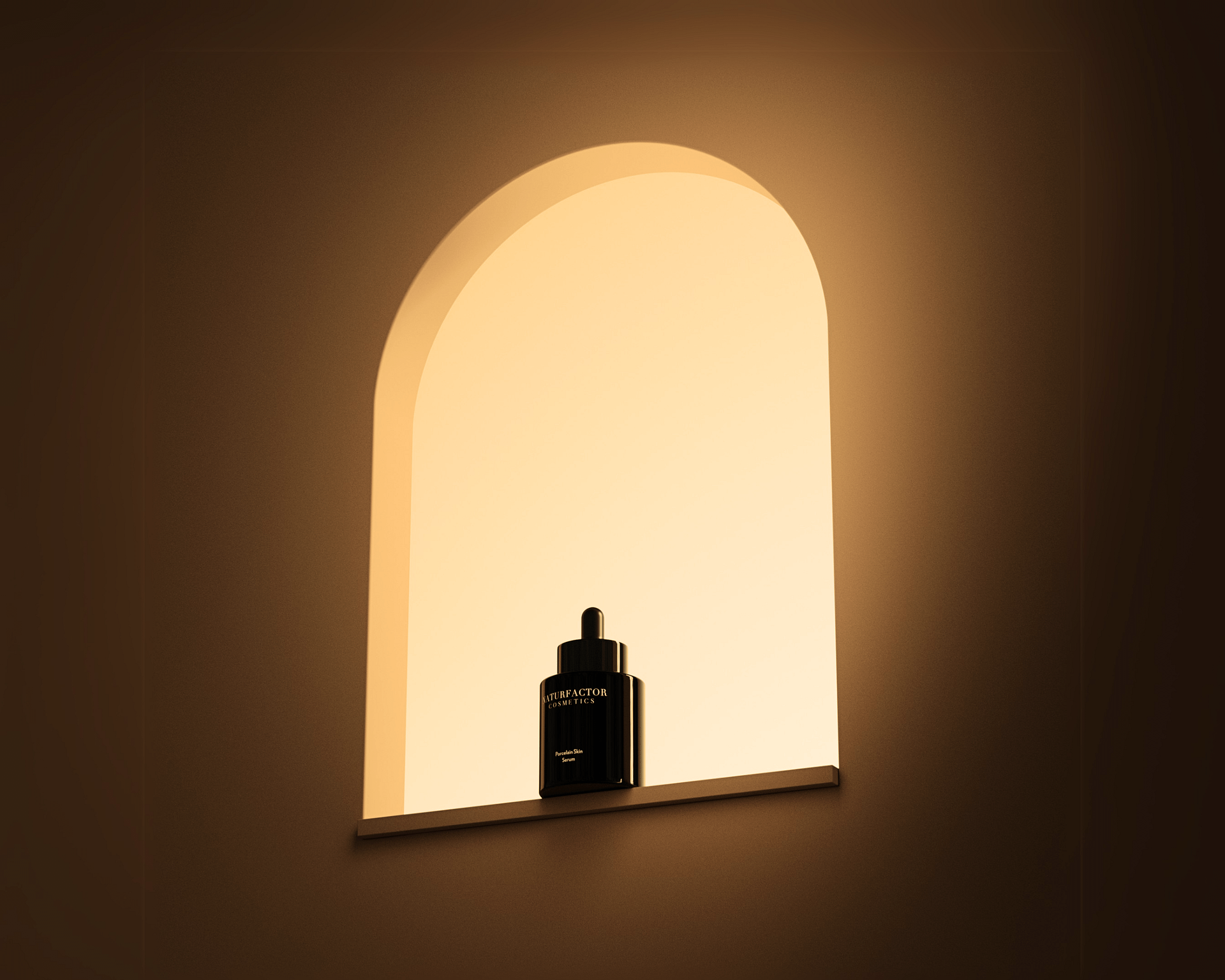 Porcelain Skin Serum standing in a golden window