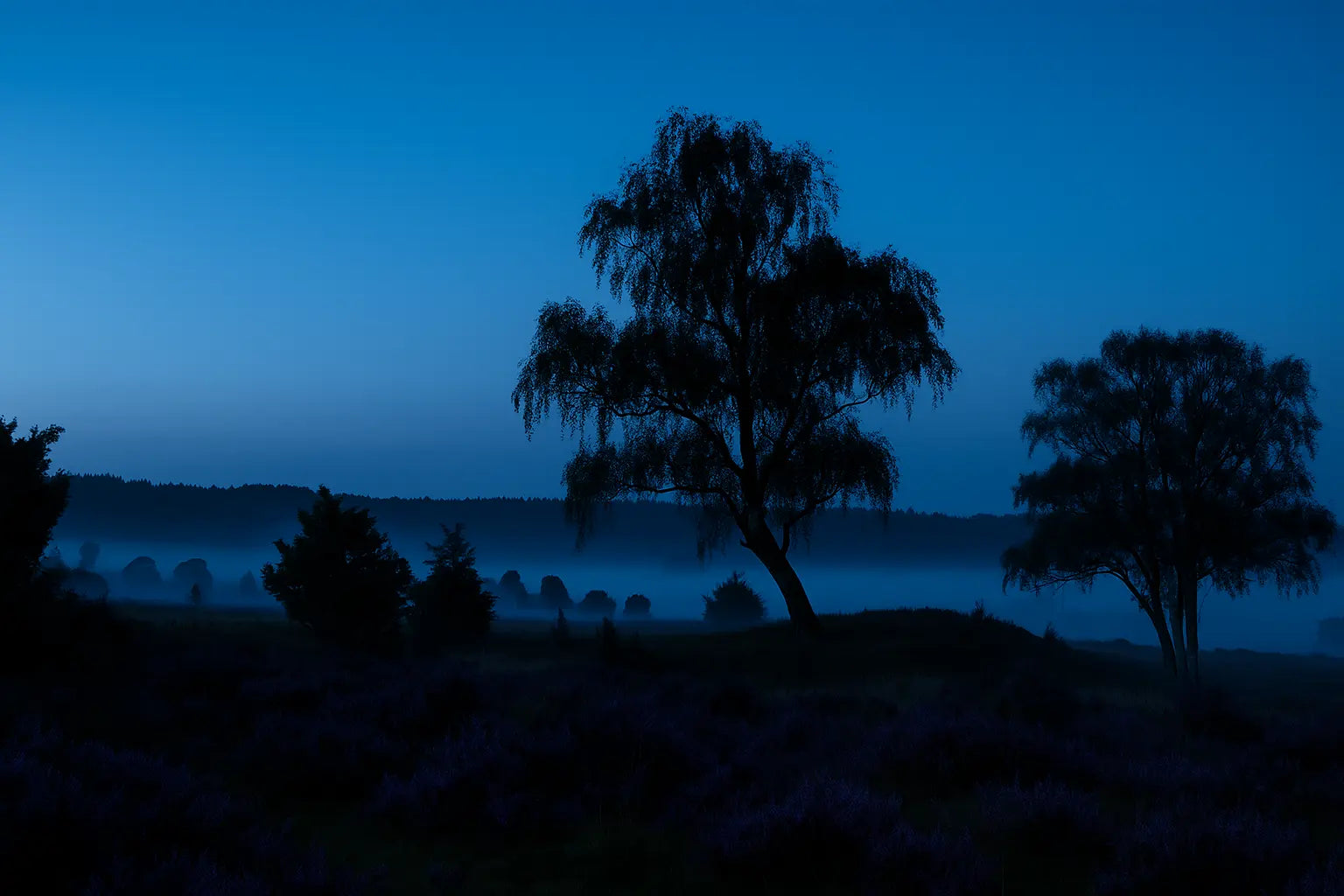 Dunkle blaue neblige Landschaft mit Bäumen