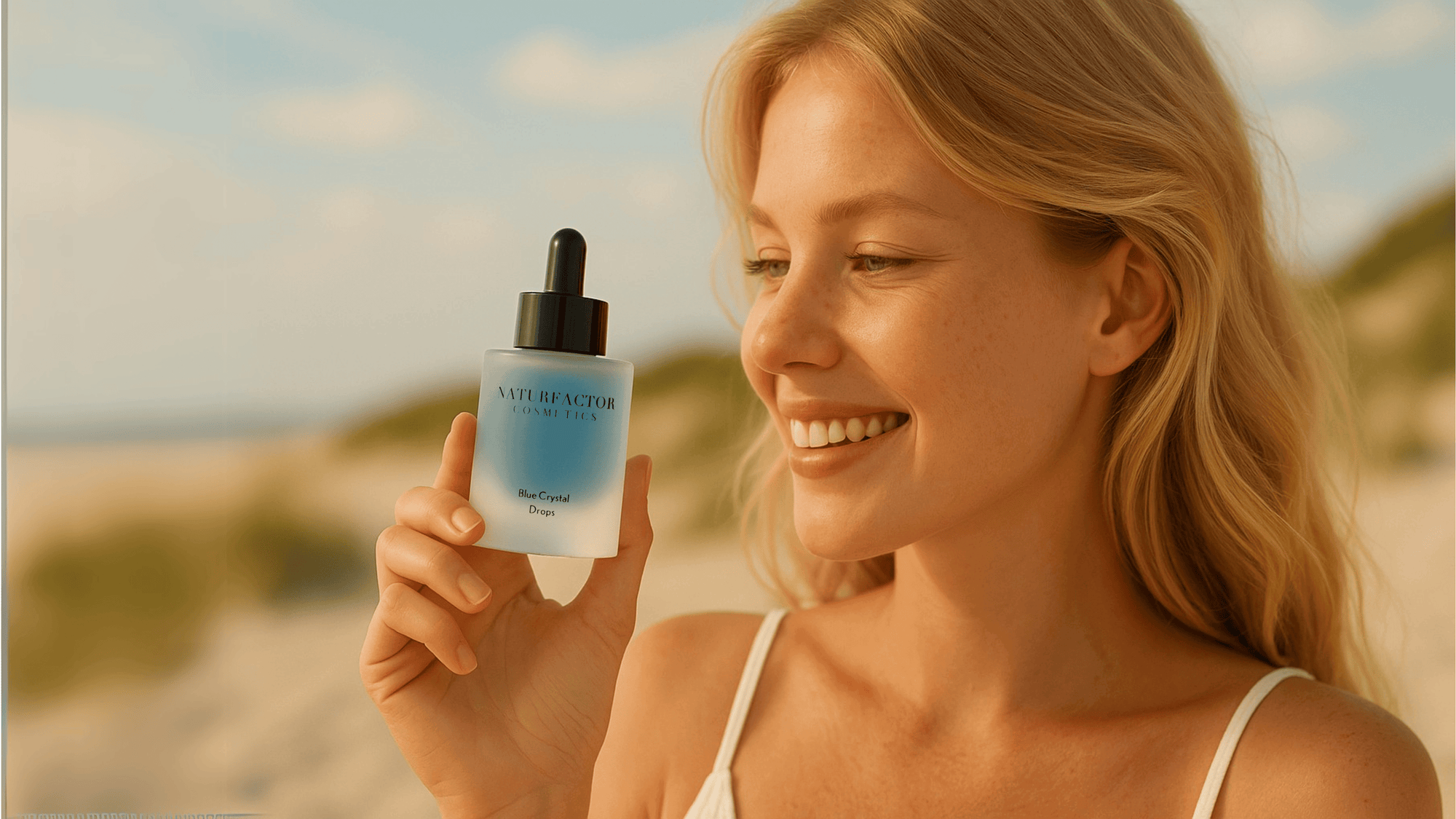 Blue Crystal Drops held by a beautiful woman with blonde hair at the beach Desktop Banner