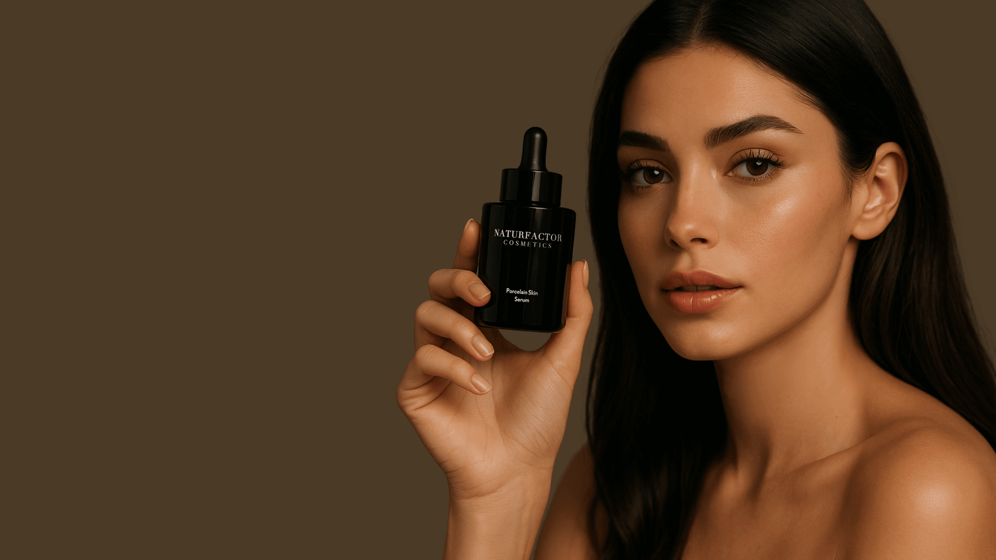 Porcelain Skin Serum held by a beautiful woman with dark hair Desktop Banner