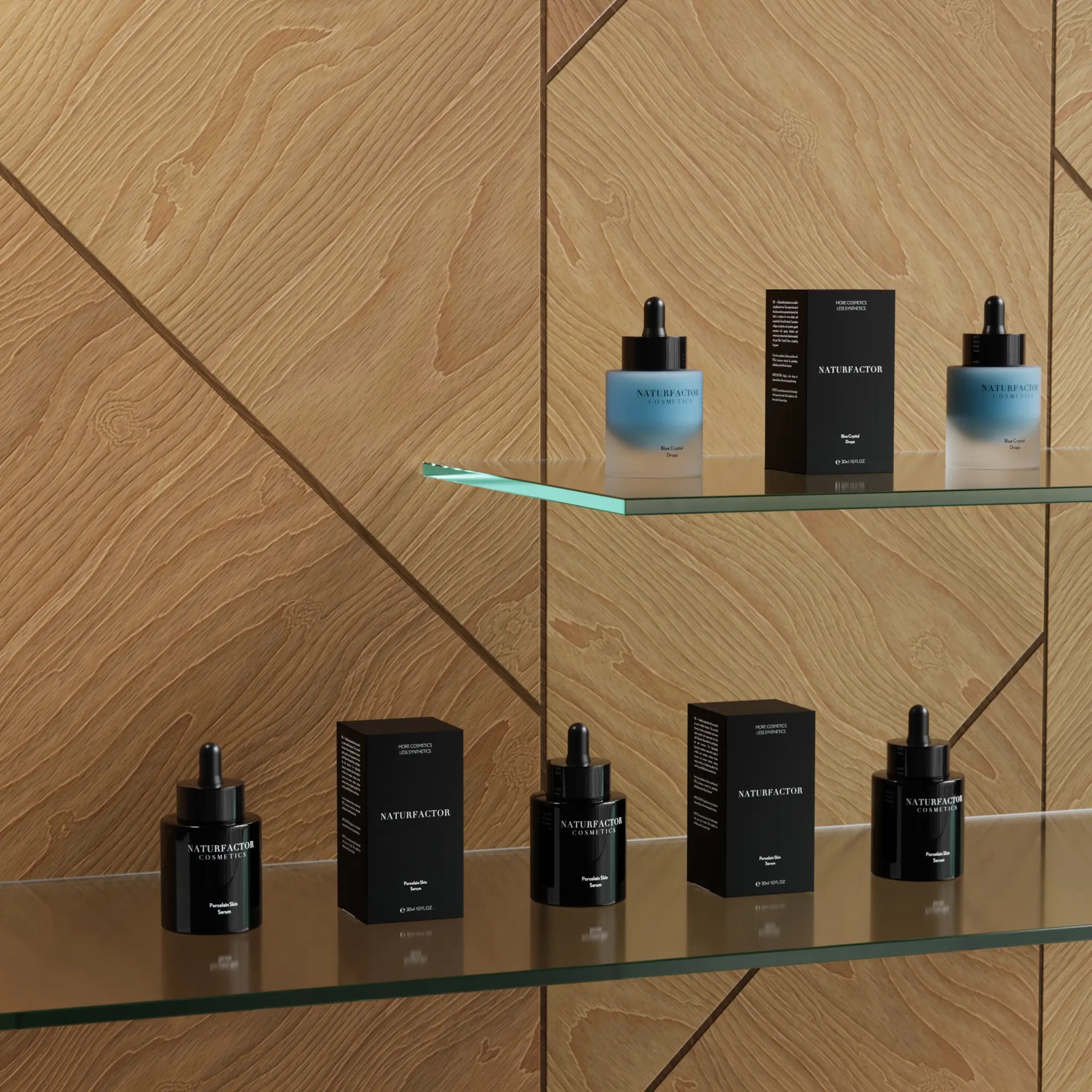 The Signature Collection on the glass shelf before a wooden wall.