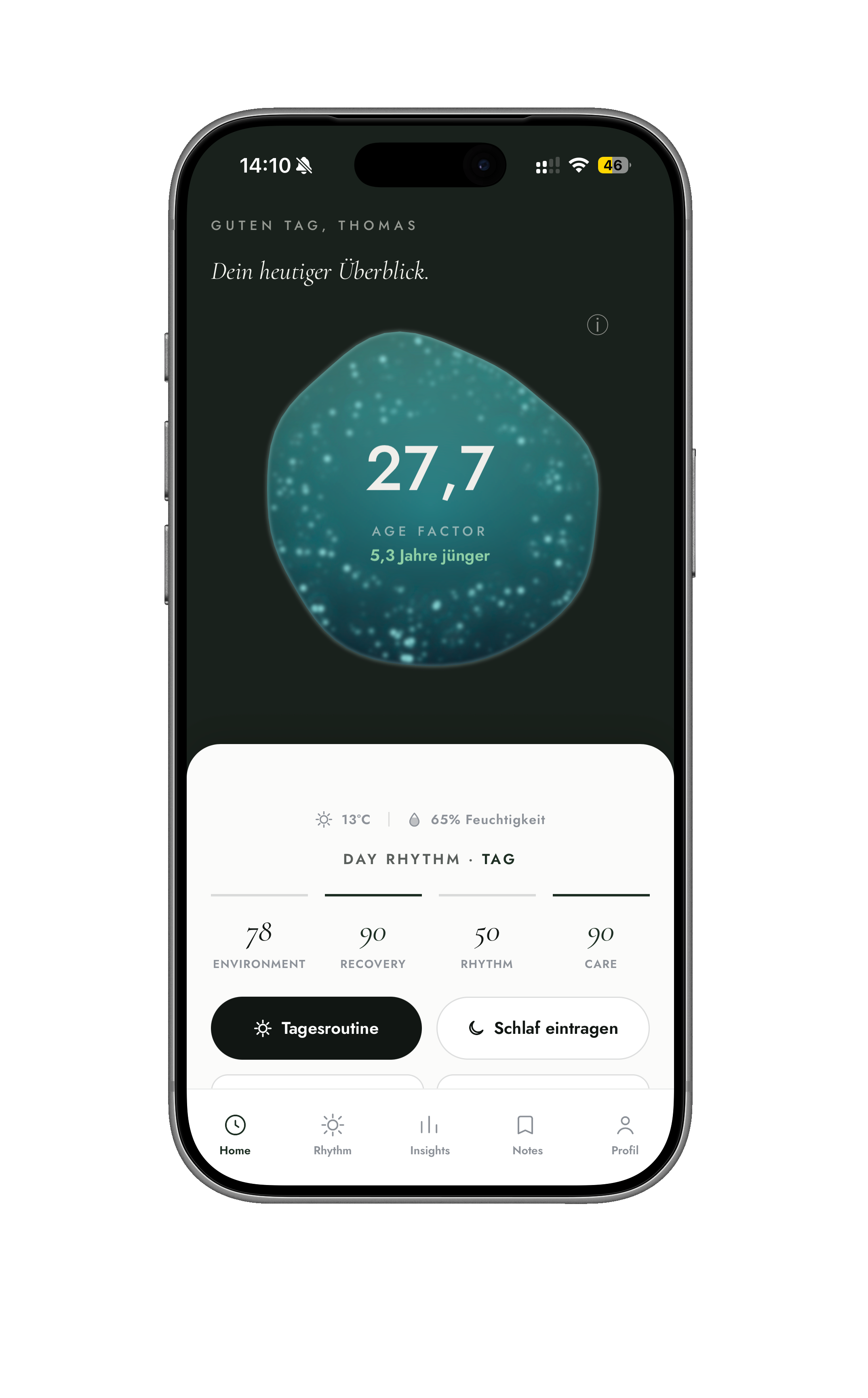 NF Companion App: home screen with Age Factor and the scores Environment, Recovery, Rhythm and Care
