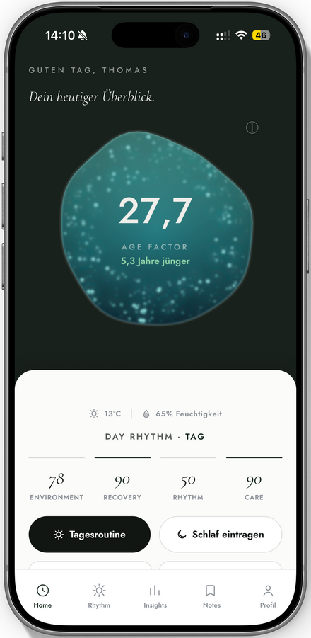 NF Companion App: home screen with Age Factor and the scores Environment, Recovery, Rhythm and Care