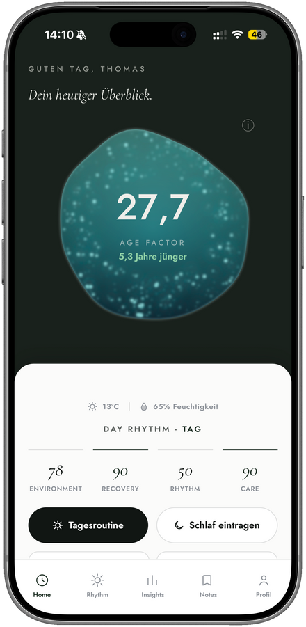 NF Companion App: Startbildschirm mit Age Factor und den Werten Environment, Recovery, Rhythm und Care